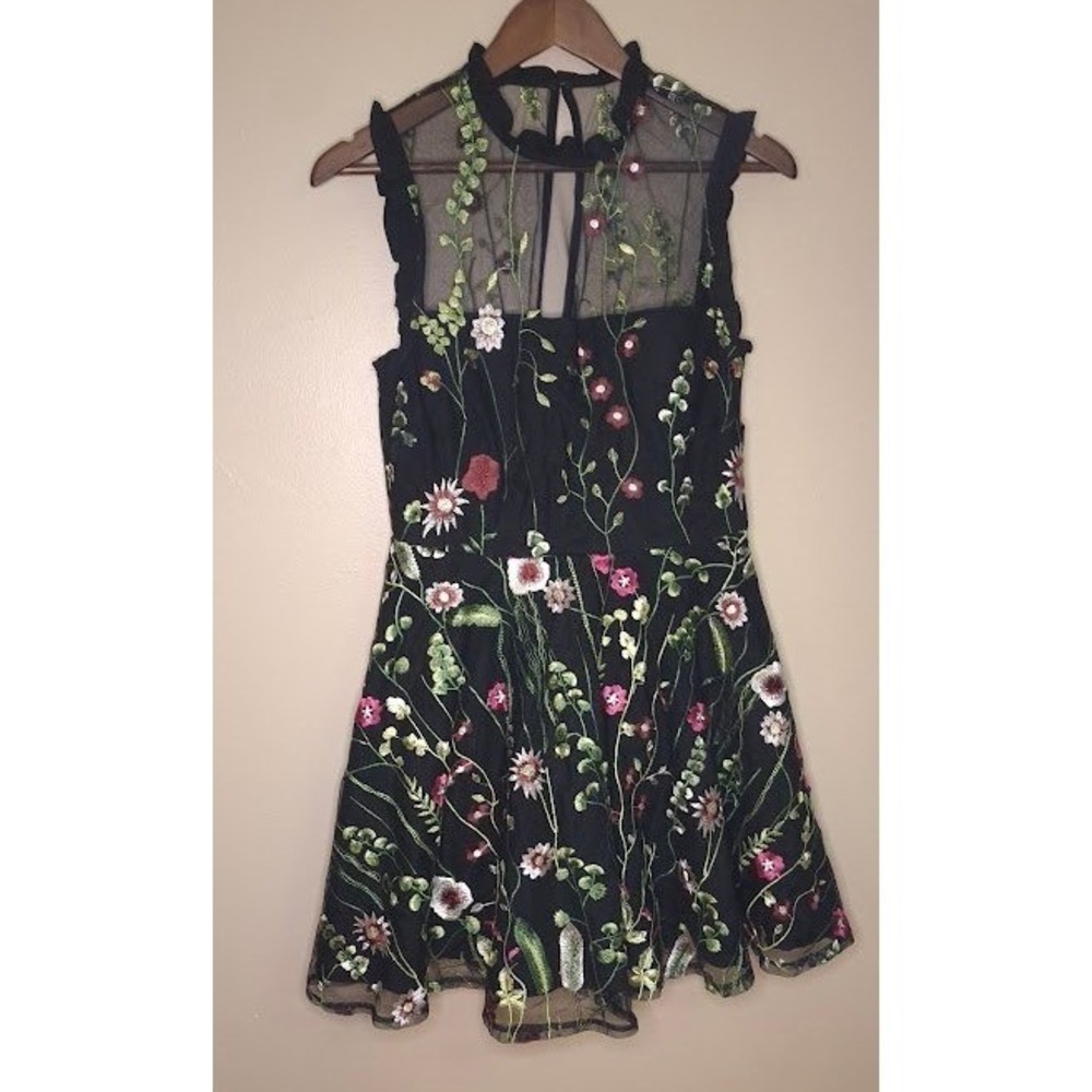 City Studio Black Floral Embroidered Mesh Mock Neck Fit & Flare Dress Size 9